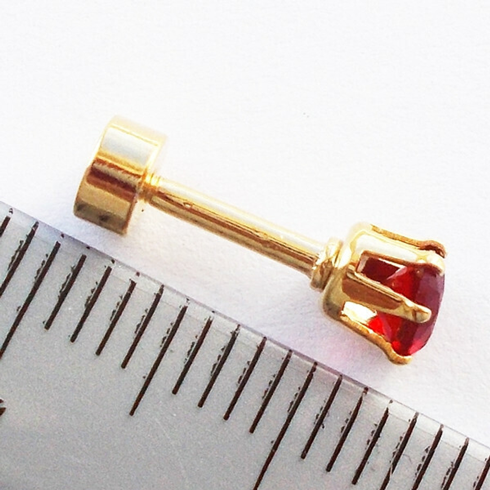 Микроштанга ( 6 мм) для пирсинга уха с красным кристаллом 4 мм. Медицинская сталь, золотое анодирование.
