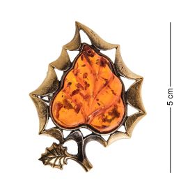 AM-2621 Брошь «Лист Кленовый» (латунь, янтарь)