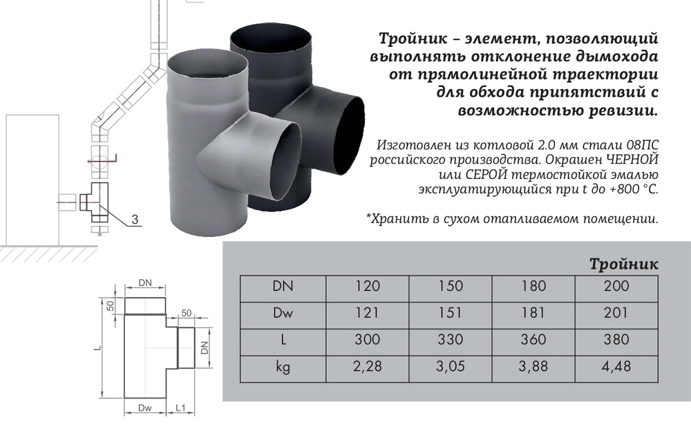 Тройник КПД чёрный 90° D150 мм (сталь 2 мм)