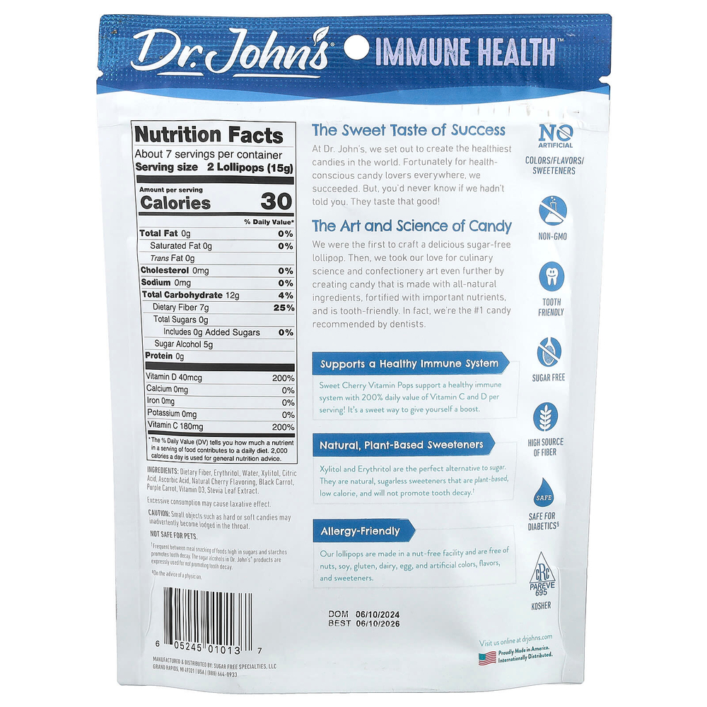 Dr. John's Healthy Sweets, Immune Health™, витаминные леденцы, со вкусом черешни, 14 леденцов в индивидуальной упаковке, 109 г (3,85 унции)
