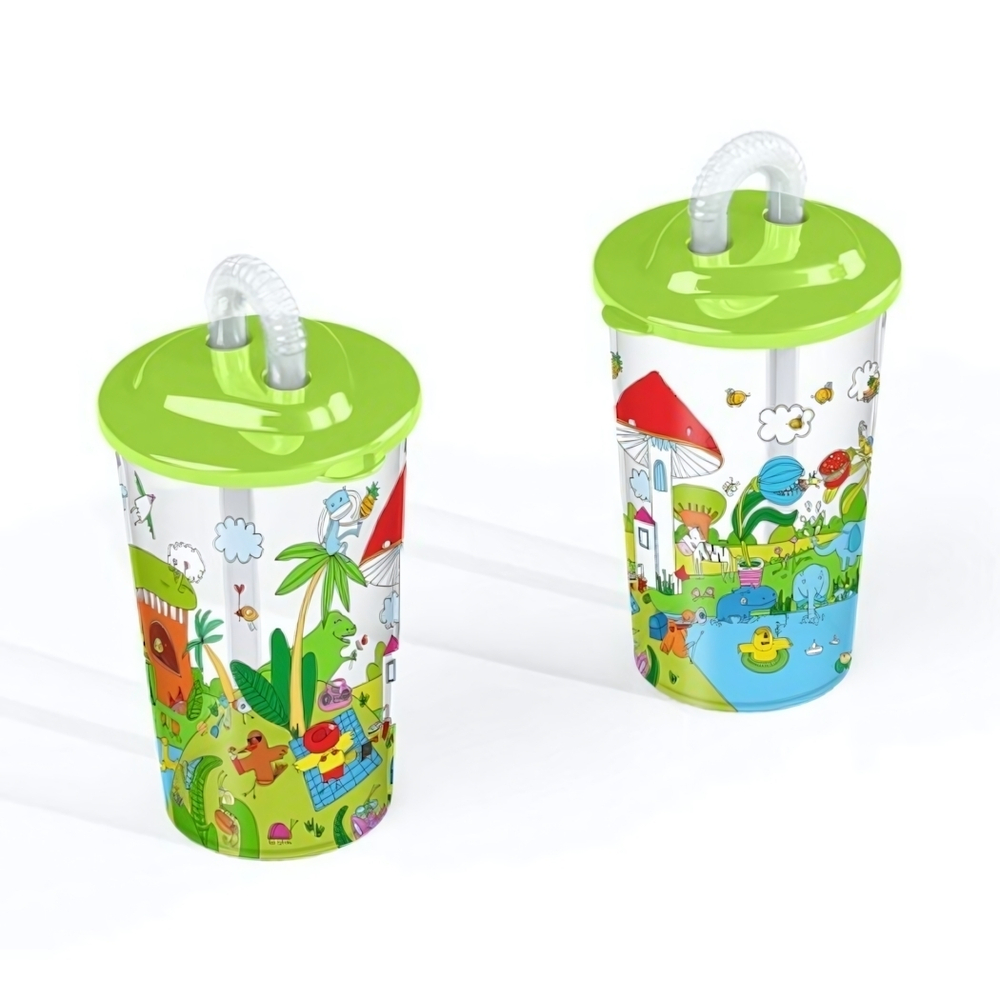 Стакан детский с трубочкой и декором "лесная сказка" 400 мл (зеленый)