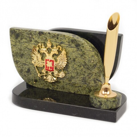 Визитницы из камня  Настольная визитница из камня "Герб РФ" с подставкой под ручку змеевик G 117273