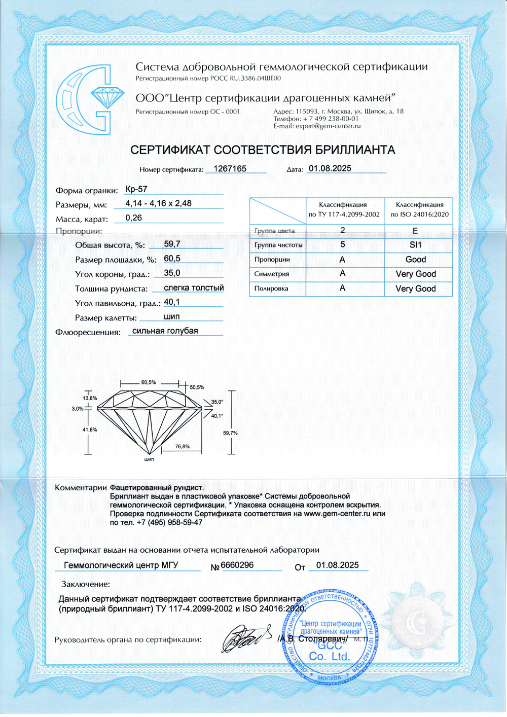 Бриллиант Кр-57 4.14 х 4.16 х 2.48 мм 2/5 0.26 ct