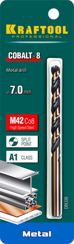 KRAFTOOL COBALT-8, 7.0 х 109 мм, сталь М42, HSS-Co(8%), сверло по металлу (29656-7)