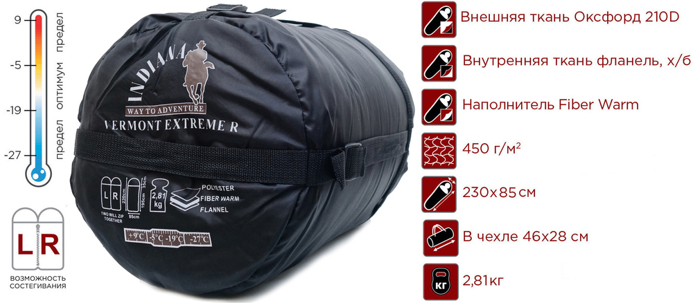 Спальный мешок Vermont Extreme L/R-zip, одеяло с подголовником INDIANA, сиреневый/синий, размер: левый