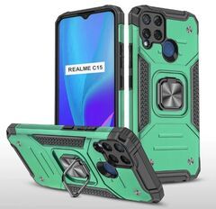 Противоударный чехол для Realme C15 зеленый с пластиной для магнитного автодержателя и кольцом подставкой, чехол на Реалми С15