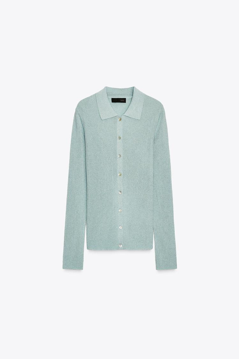 ZARA ТРИКОТАЖНЫЙ ТОП ПОЛО С МЕТАЛЛИЗИРОВАННОЙ НИТЬЮ, ПАСТЕЛЬНО-СИНИЙ