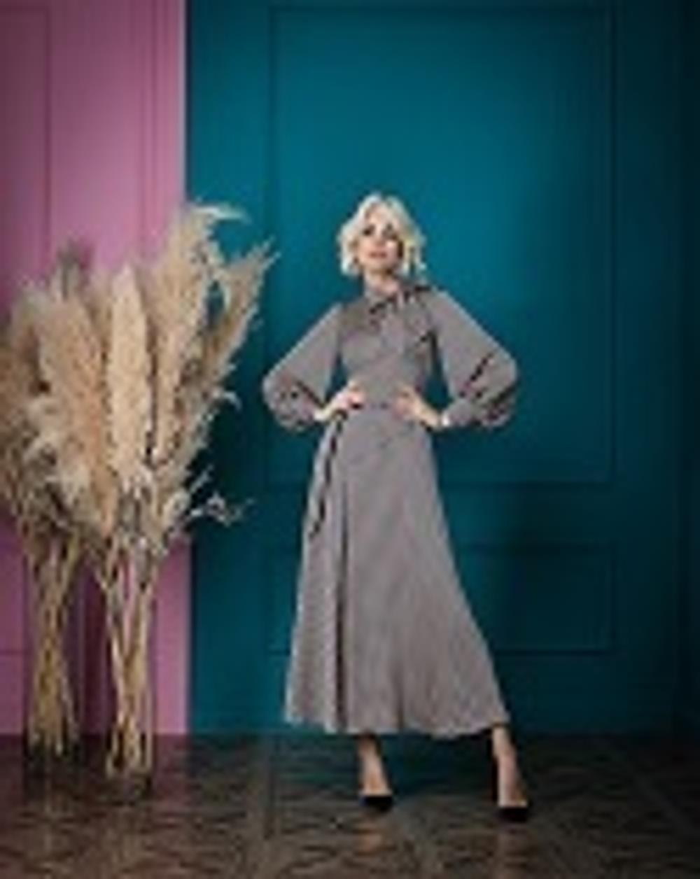 06-03-24 FW Шелковое платье, коричневый, синий, мелкая клетка