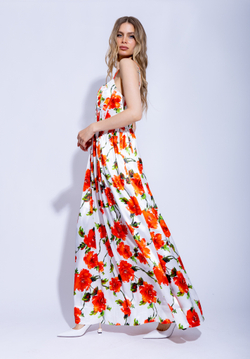 Женский сарафан макси белого цвета с красочным цветочным принтом