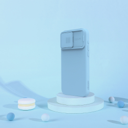 Чехол с MagSafe и с шелковистым покрытием синего цвета (Haze Blue) от Nillkin для iPhone 15 Pro Max, серия CamShield Silky Magnetic Silicone Case