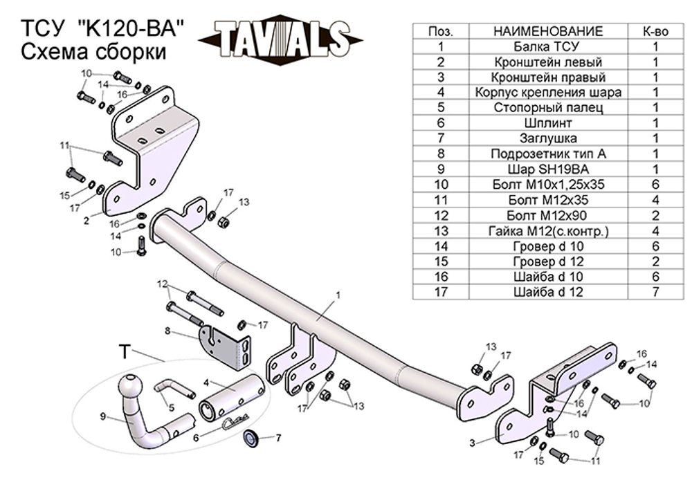 Фаркоп(прицепное) Tavials для KIA CEED хетчбек (JD) 2012-... (С БЫСТРОСЪЕМНЫМ ШАРОМ)(паспорт и сертификат в комплекте)(без электрики)T-K120-BA