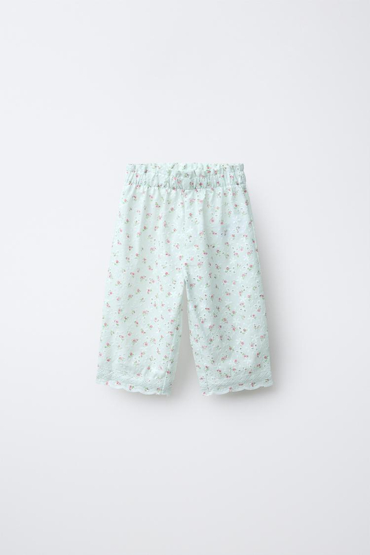 ZARA БРЮКИ-КЮЛОТЫ С ВЫШИВКОЙ В ШВЕЙЦАРСКОМ СТИЛЕ И ЦВЕТОЧНЫМ ПРИНТОМ, ЦВЕТ МОРСКОЙ ВОЛНЫ