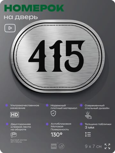 Номерок на дверь квартиры 415, для кабинета, офиса, шильдик 9 х 7 см, брашированная сталь, Айдентика Технолоджи