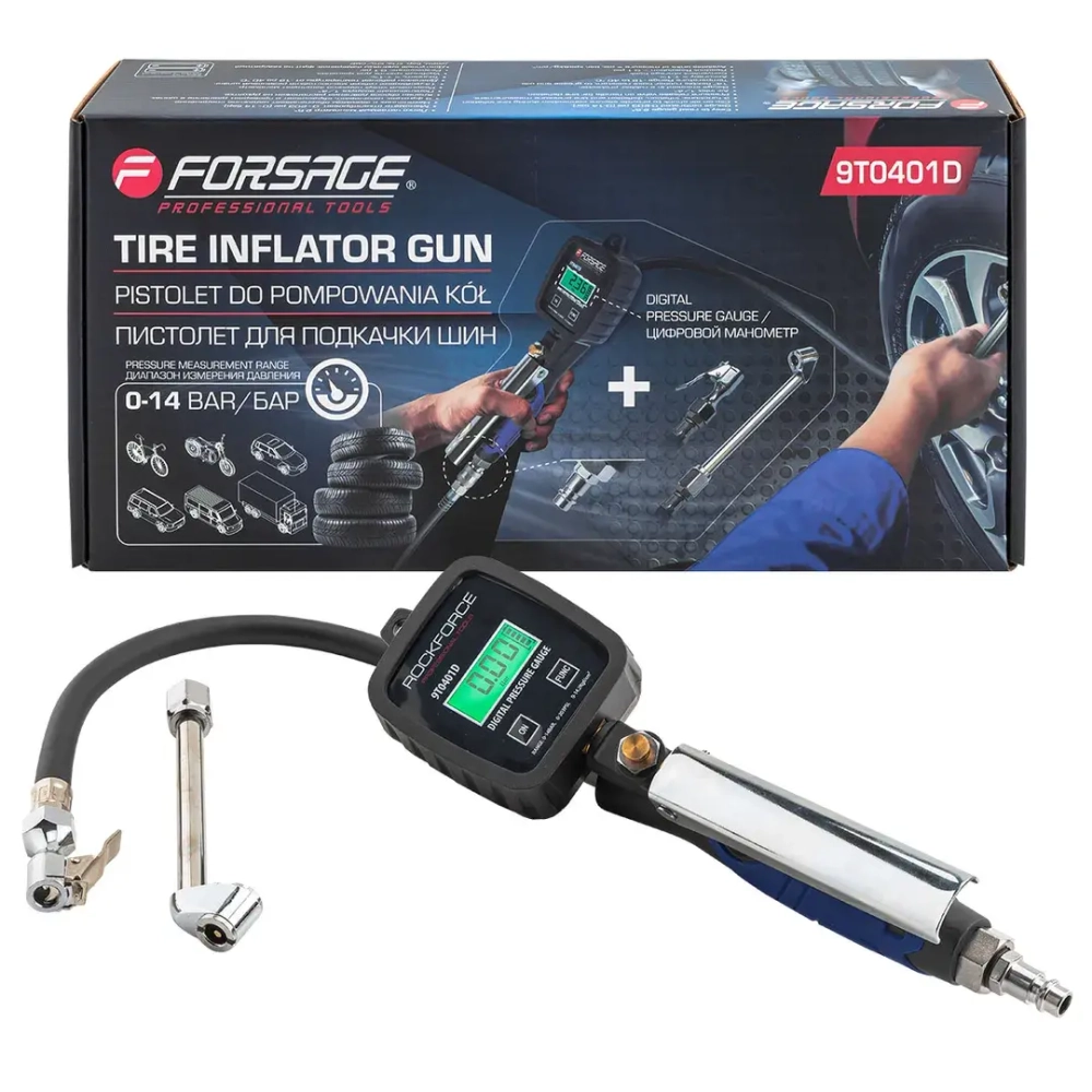 Пистолет для подкачки шин с цифровым манометром, шлангом и жестким удлинителем для грузовых а/м(0-14bar,psi,bar,kpa,kg/cm2, раб. t -18 +40гр) Forsage F-9T0401D