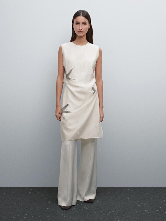 Massimo Dutti Блузка-туника с вышивкой, натуральный, кремовый