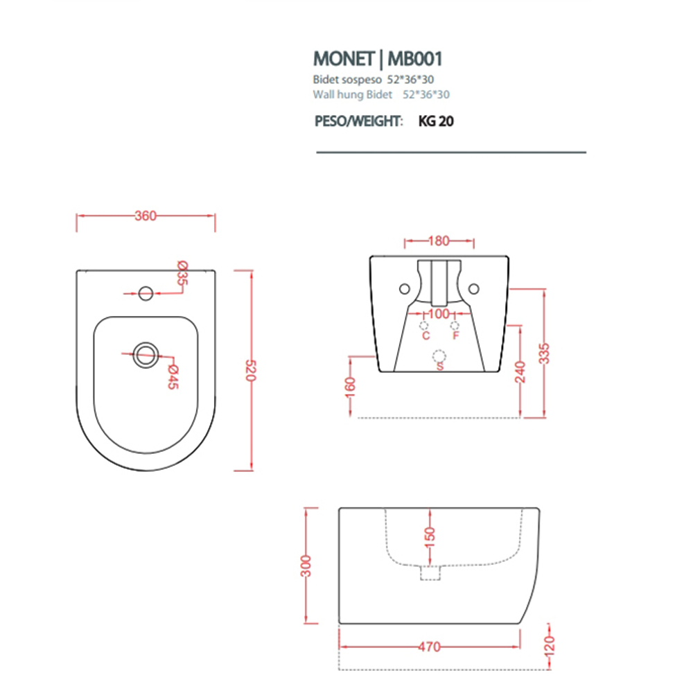 Биде подвесное Artceram Monet MNB001 17 00 черное