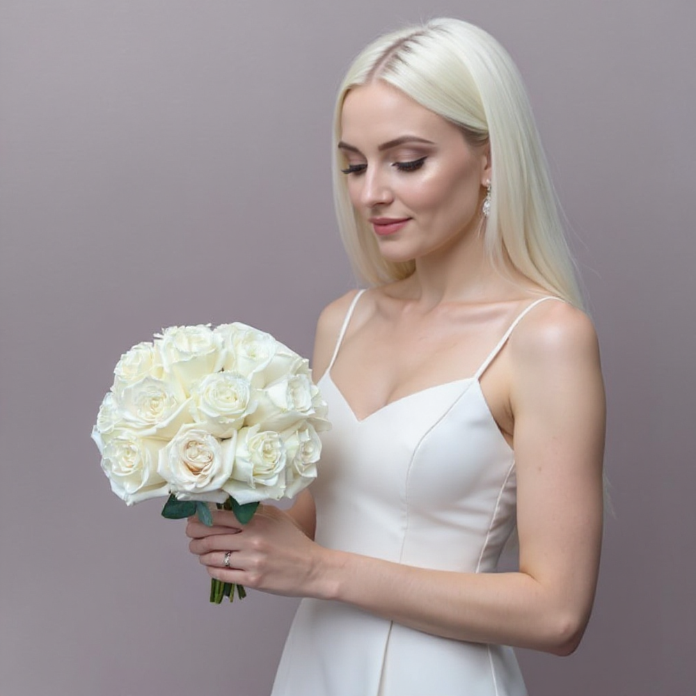 Женщина в светлом платье держит букет крупных белых роз на нейтральном фоне