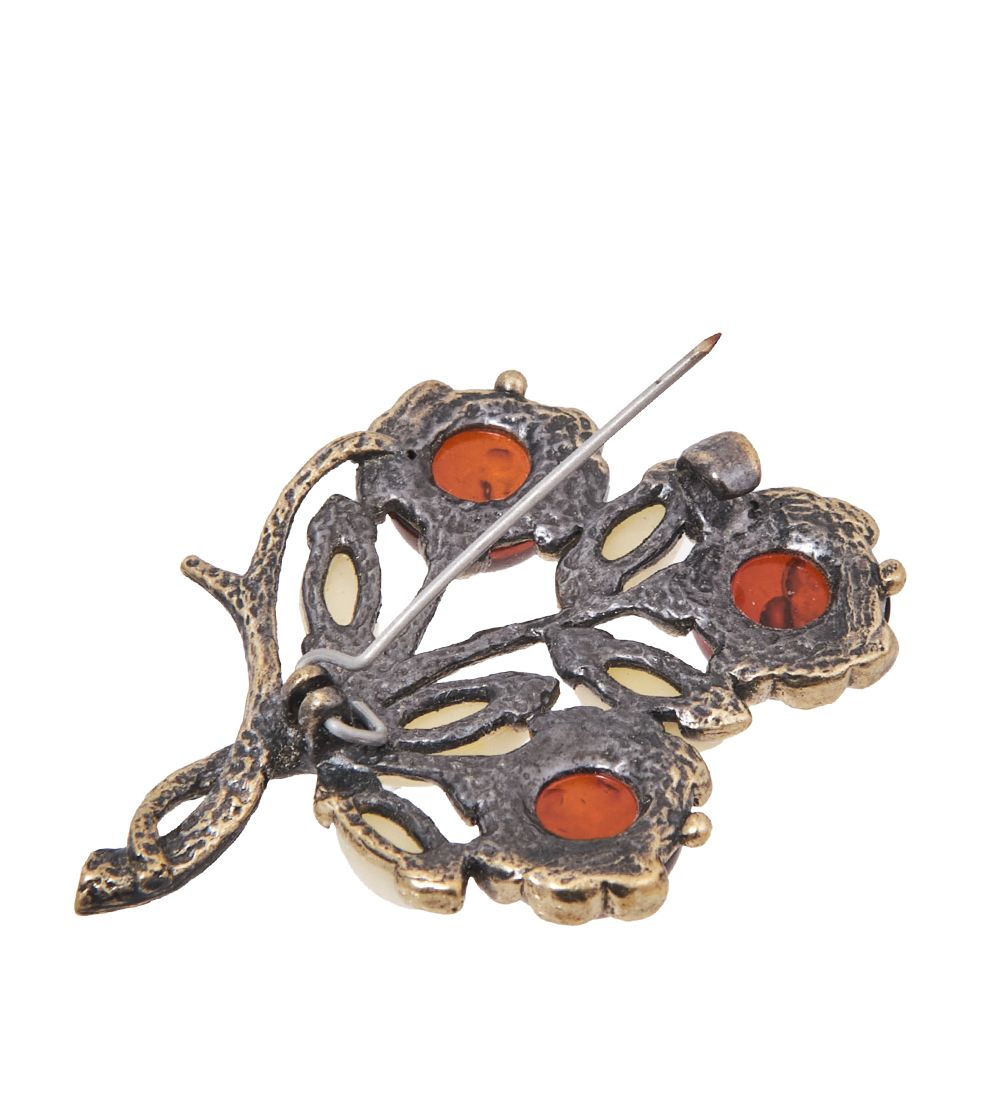 AM-4057 Брошь «Веточка Маркиз» (латунь, янтарь)