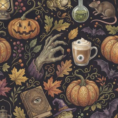 Осенний хэллоуин ведьмы с тыквой кофе и листьями