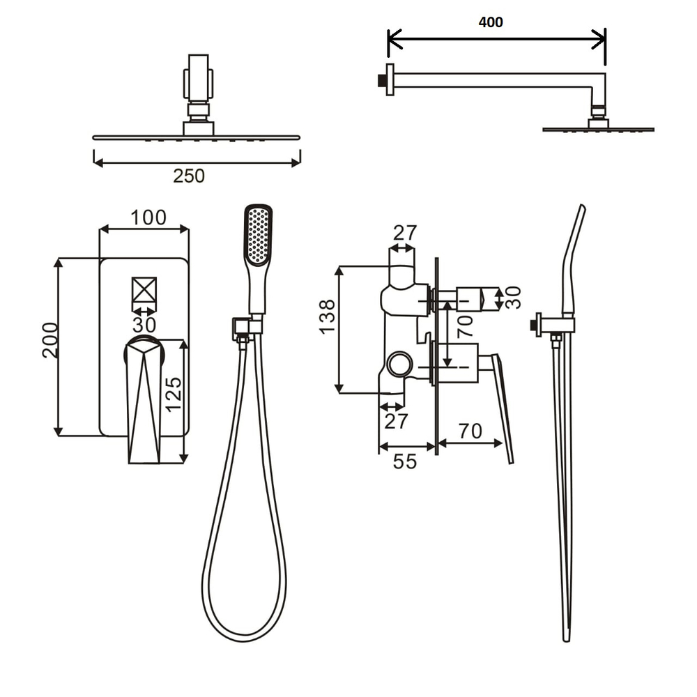 Boheme Смеситель встроенный + верхний душ + ручной душ ЗОЛОТО