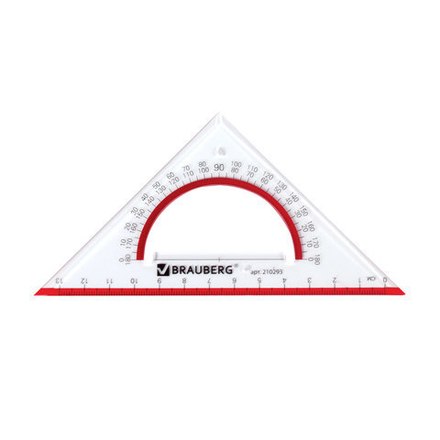 Треугольник пластиковый, угол 45, 13 см, BRAUBERG "Crystal", с транспортиром, прозрачный, с выделенной шкалой, 210293
