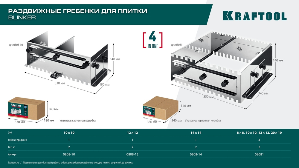 KRAFTOOL BUNKER зуб 12*12 мм, до 600 мм, нерж. сталь, Раздвижная гребенка для плитки (0808-12)