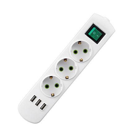 Колодка розеточная + USB с выключателем Lezard Letitia, 3 + 3 гнезда, 16 А, с заземлением, белый