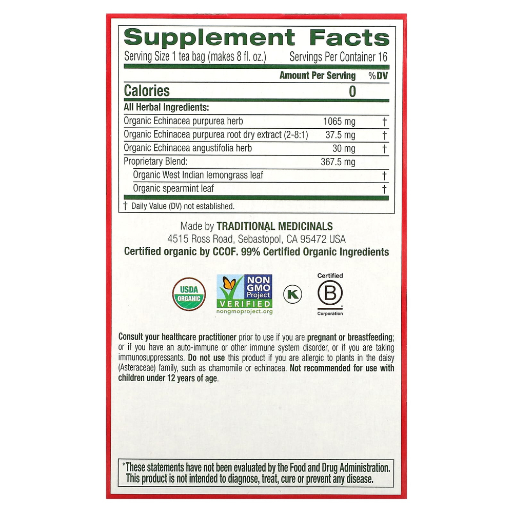 Traditional Medicinals, органическая эхинацея Plus®, оригинальная с мятой, без кофеина, 16 чайных пакетиков, 24 г (0,85 унции)