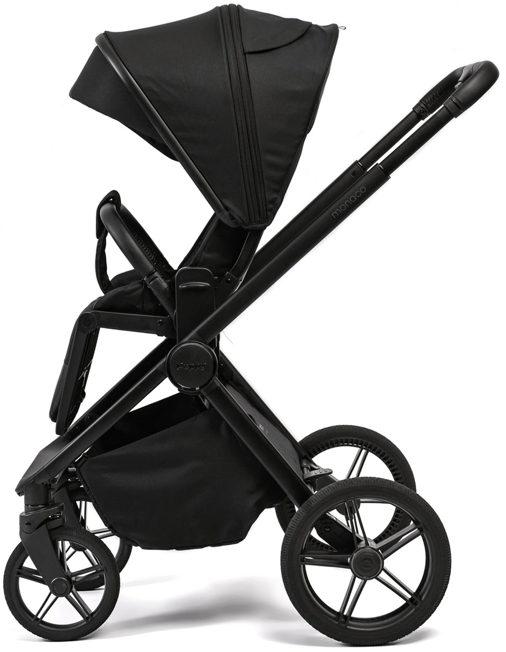 Детская коляска Peppy Monaco 3 в 1 с автокреслом Rise Black Black (черный), рама черная матовая