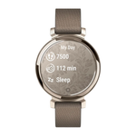 Спортивные часы Garmin Lily 2 Classic, нейлоновый ремешок кофейного цвета Кремово-золотистый безель из алюминия, стекло Gorilla Glass. Ремешок с классической застёжкой — на запястье обхватом 110–175 мм