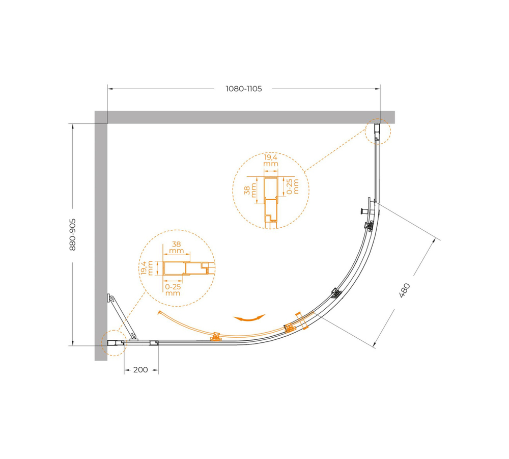 Душевой уголок Cezares MOLVENO-RH-1-110/90-C-BORO-IV, 110х90х195, профиль брашированное золото, прозрачное стекло