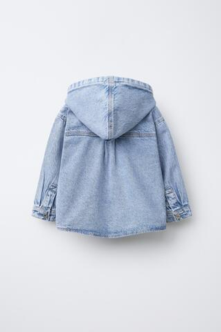 ZARA ДЖИНСОВАЯ КУРТКА-РУБАШКА С КАПЮШОНОМ, ВЫЦВЕТШИЙ СИНИЙ