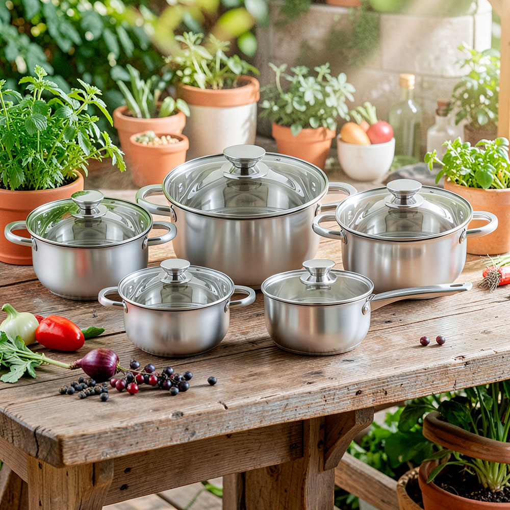 Набор кастрюль 5 предметов (1,5л, 2,2л, 3,1л, 5,4л, ковш 1,5л) нерж, индукция, "Daniks" Оптима