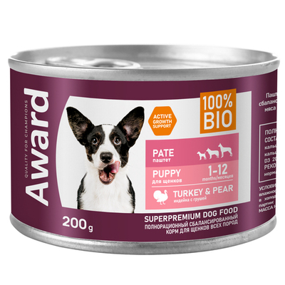 Влажный корм AWARD для щенков от 1 месяца паштет из индейки с грушей 200г (35011)