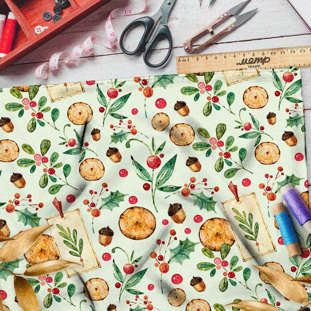 Ткань шелк Армани пеньки, шишки и клюква на зелёном фоне