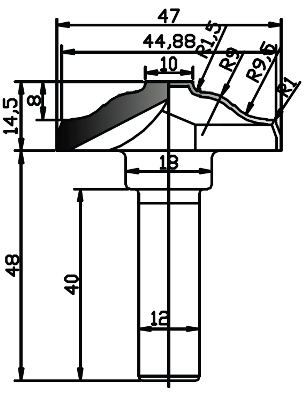 PCD профильная фреза D.47x12 14.5x48 Z2