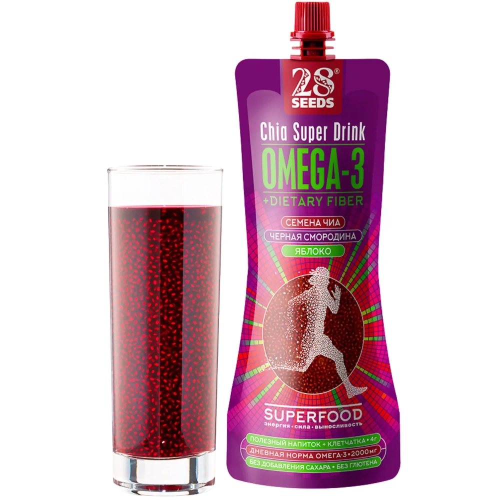Напиток ЧИА ОМЕГА-3 «Смородина + Яблоко» 250 мл — напиток с семенами чиа в стакане