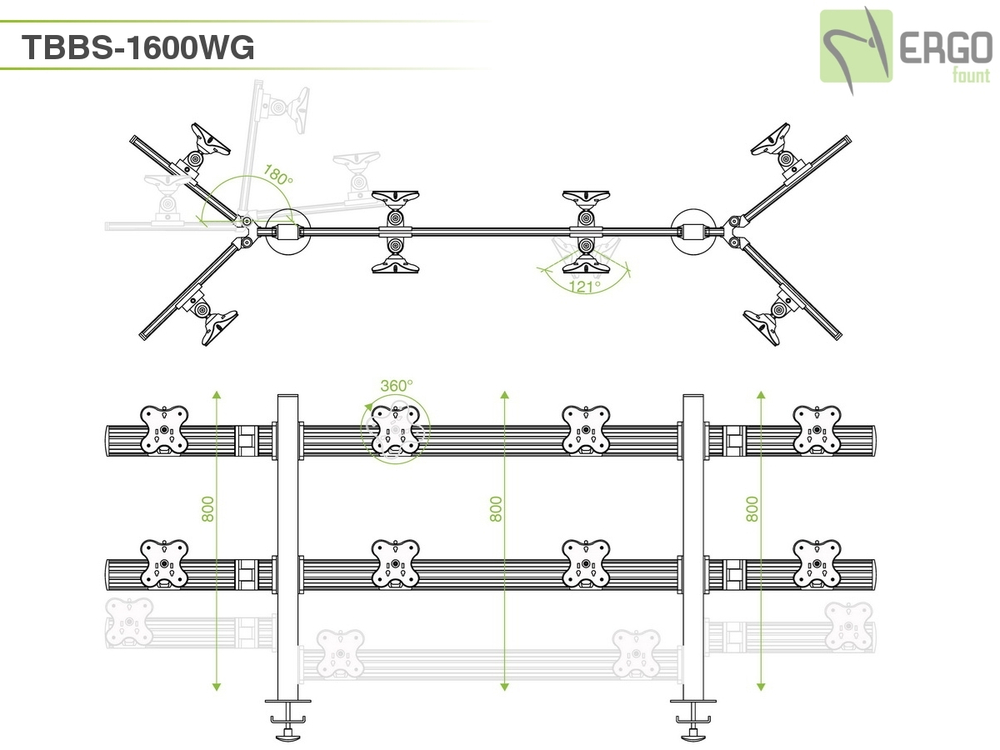 ErgoFount TBBS-1600WG Настольное крепление back-to-back для 16 мониторов диагональю до 24'' конфигурации 2х4 со струбциной к столу типа "G". Цвет - серебристый
