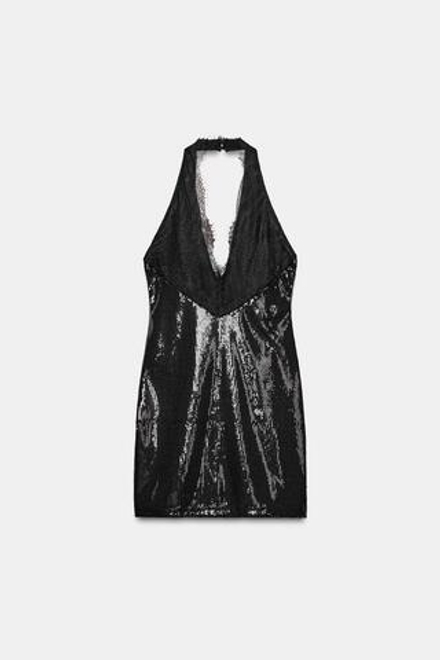 ZARA КОРОТКОЕ ПЛАТЬЕ ХАЛТЕР С ПАЙЕТКАМИ, ЧЕРНЫЙ