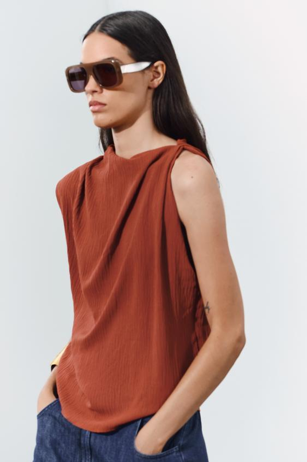 ZARA ТОП АСИММЕТРИЧНОГО КРОЯ В СТИЛЕ РУСТИК, МЕДНЫЙ