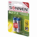 Батарейки комплект 2 шт. SONNEN Super Alkaline АА(LR6 15А) алкалиновые пальчиковые в блистере (12 штук в упаковке)