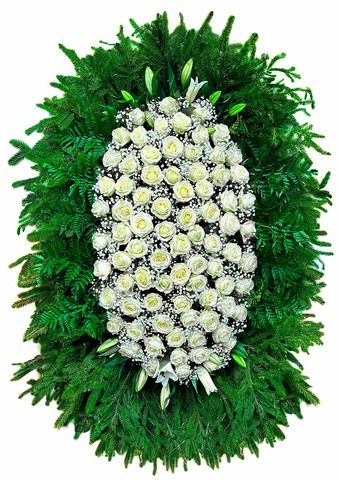 Траурный венок из живых роз, лилий и гипсофил ВЖ 10