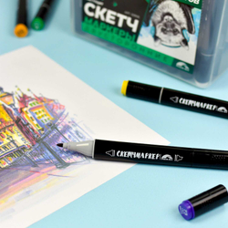 Набор скетчмаркеров двусторонних арт. 53907 / КВОККА (24 цв., размер бокса: 12х16,5х8,5 см, цвет корпуса: чёрный, материал: полипропилен, фетр (полиэстер), состав чернил: на спиртовой основе, толщина наконечников: "долото" - 6,2 мм, "тонкий" - 1 мм,