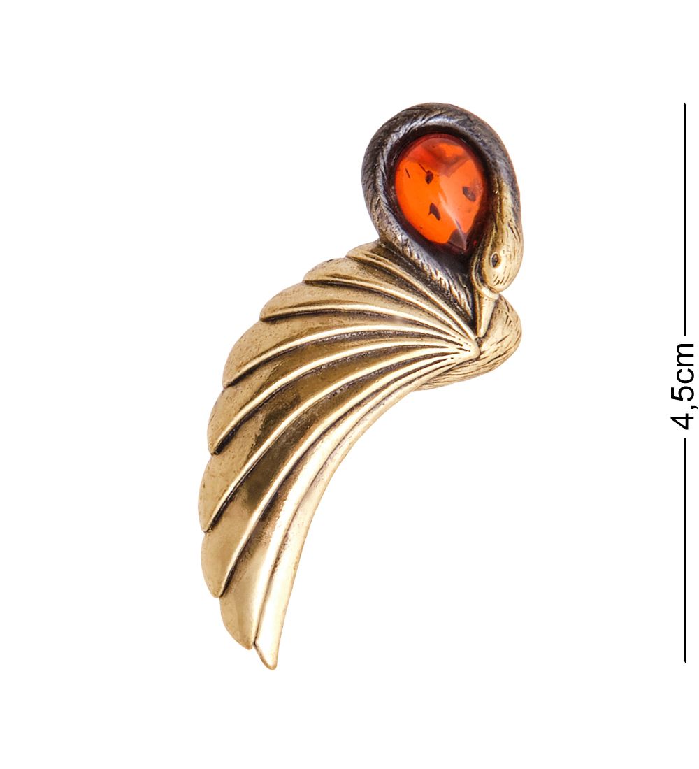 AM-3476 Брошь «Лебедь с крылом» (латунь, янтарь)