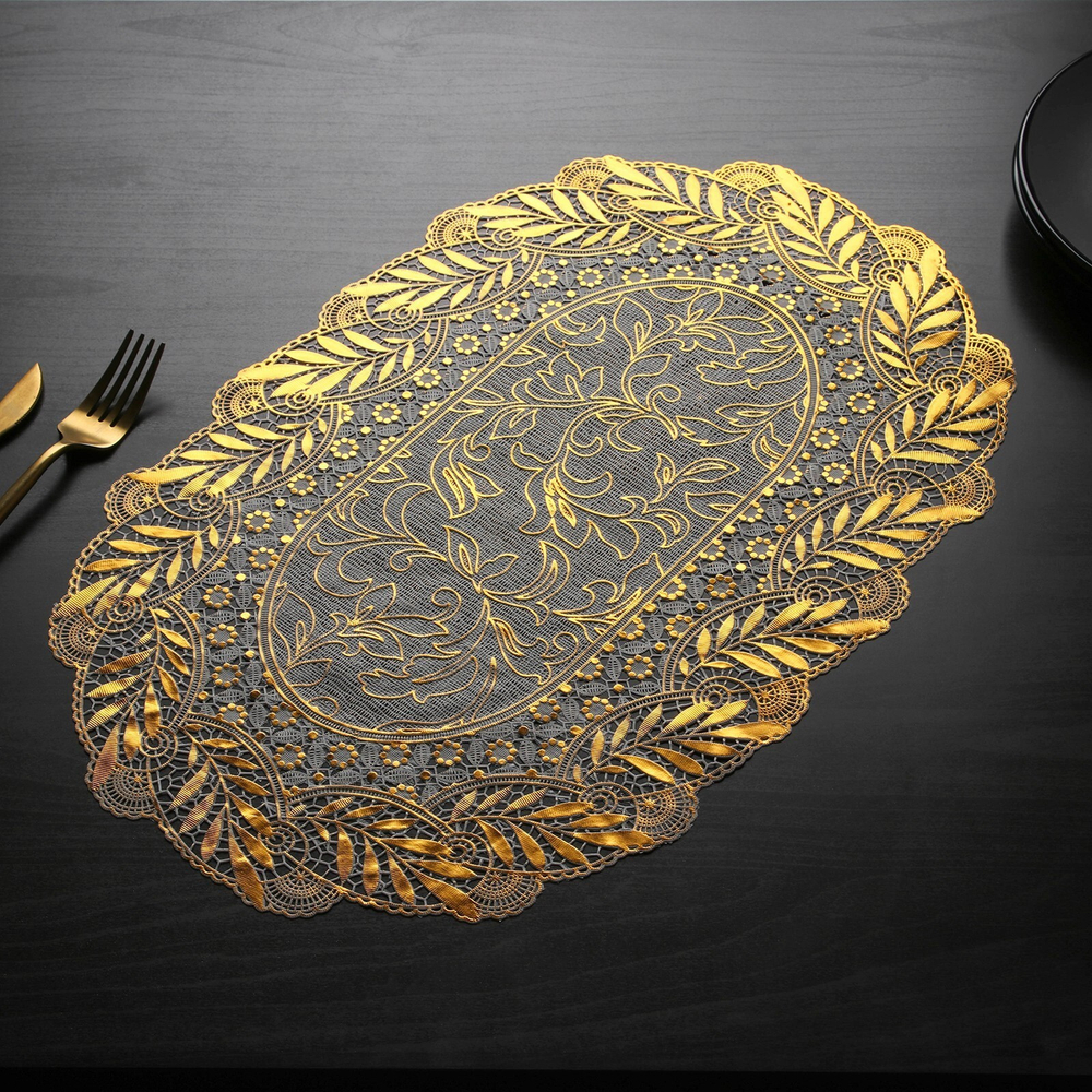 Салфетка ажурная "Лучи", овал, ПВХ, 82*40 см, цвет золото.