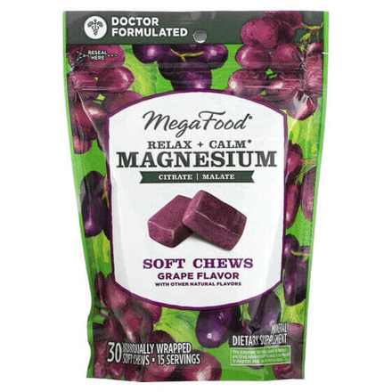 Магний MegaFood, жевательные таблетки с магнием для успокоения и расслабления, виноград, 30 жевательных таблеток в индивидуальной упаковке