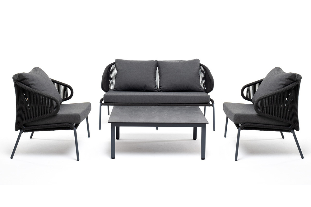 "Милан" лаунж-зона 4-местная плетеная из роупа (веревки), каркас алюминиевый темно-серый, роуп темно-серый