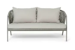 "Амстердам" диван 2-местный плетеный из роупа, каркас алюминий, роуп серый круглый, ткань бежевая