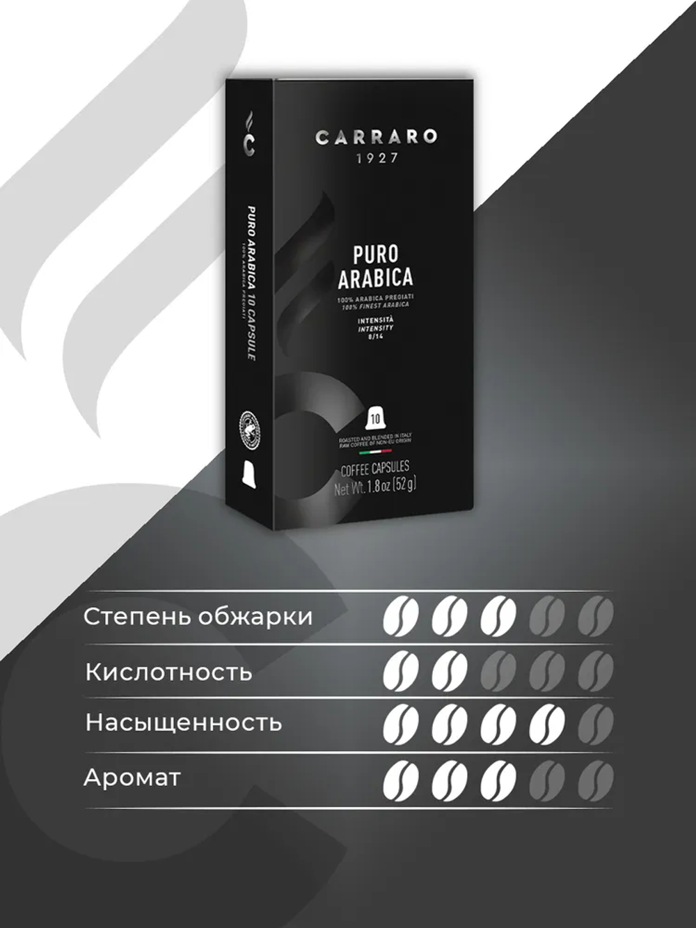 цена Кофе в капсулах Carraro Puro Arabica, 10 капсул для кофемашин Nespresso (Карраро)