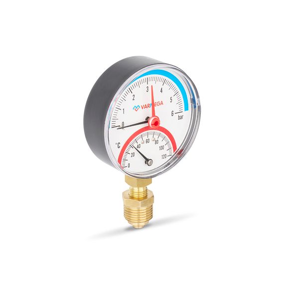 Термоманометр вертикальный Varmega 120 градусов 6 бар 80мм НР 1/2&quot; радиальный 39600